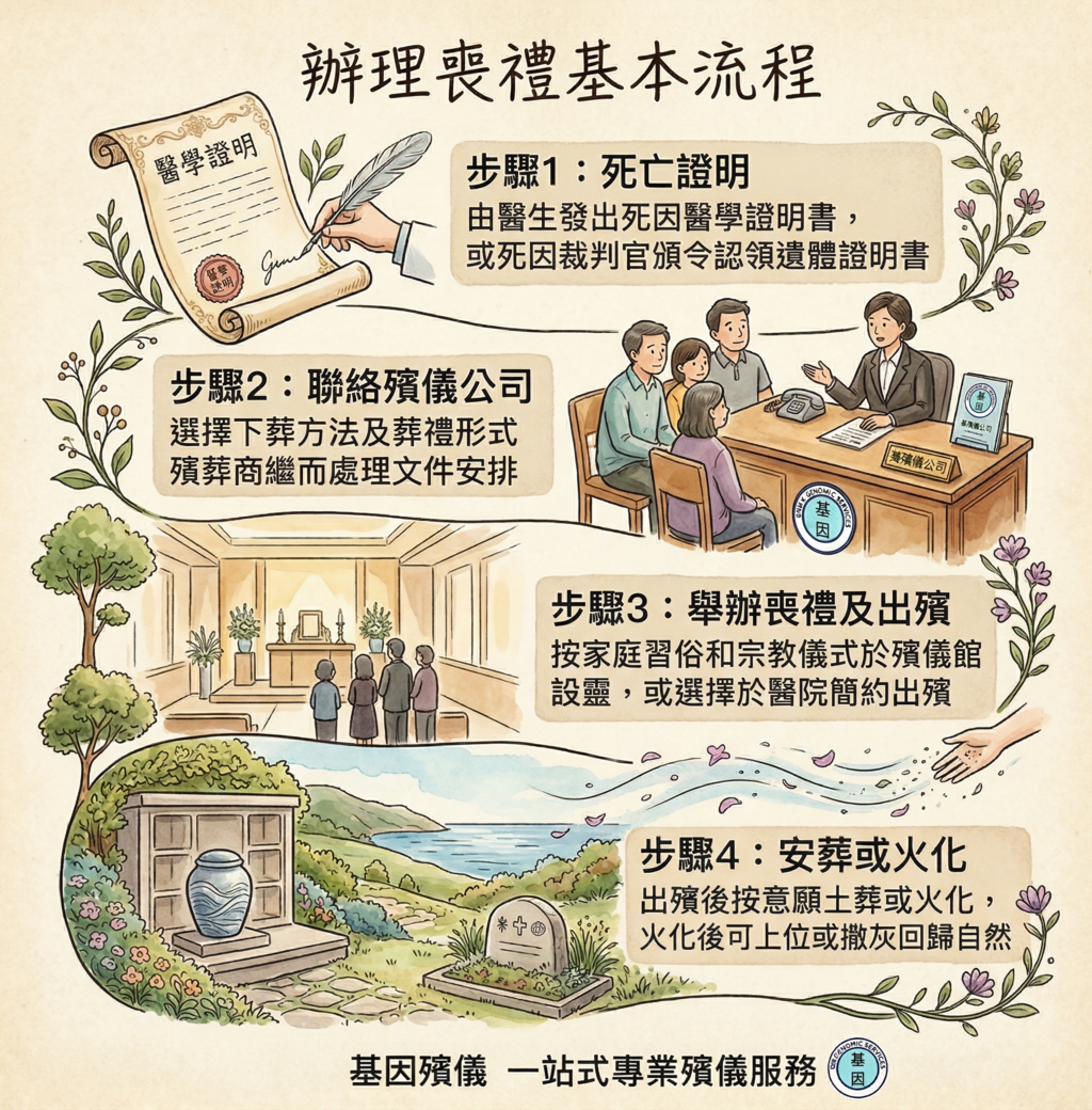 辦理喪禮基本流程：死亡證明、聯絡殯儀公司、舉辦喪禮及出殯、安葬或火化